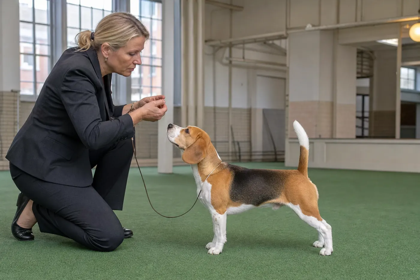 Professionele handler houdt leverbait voor een alert gestackte beagle op de groene ring in Amsterdam