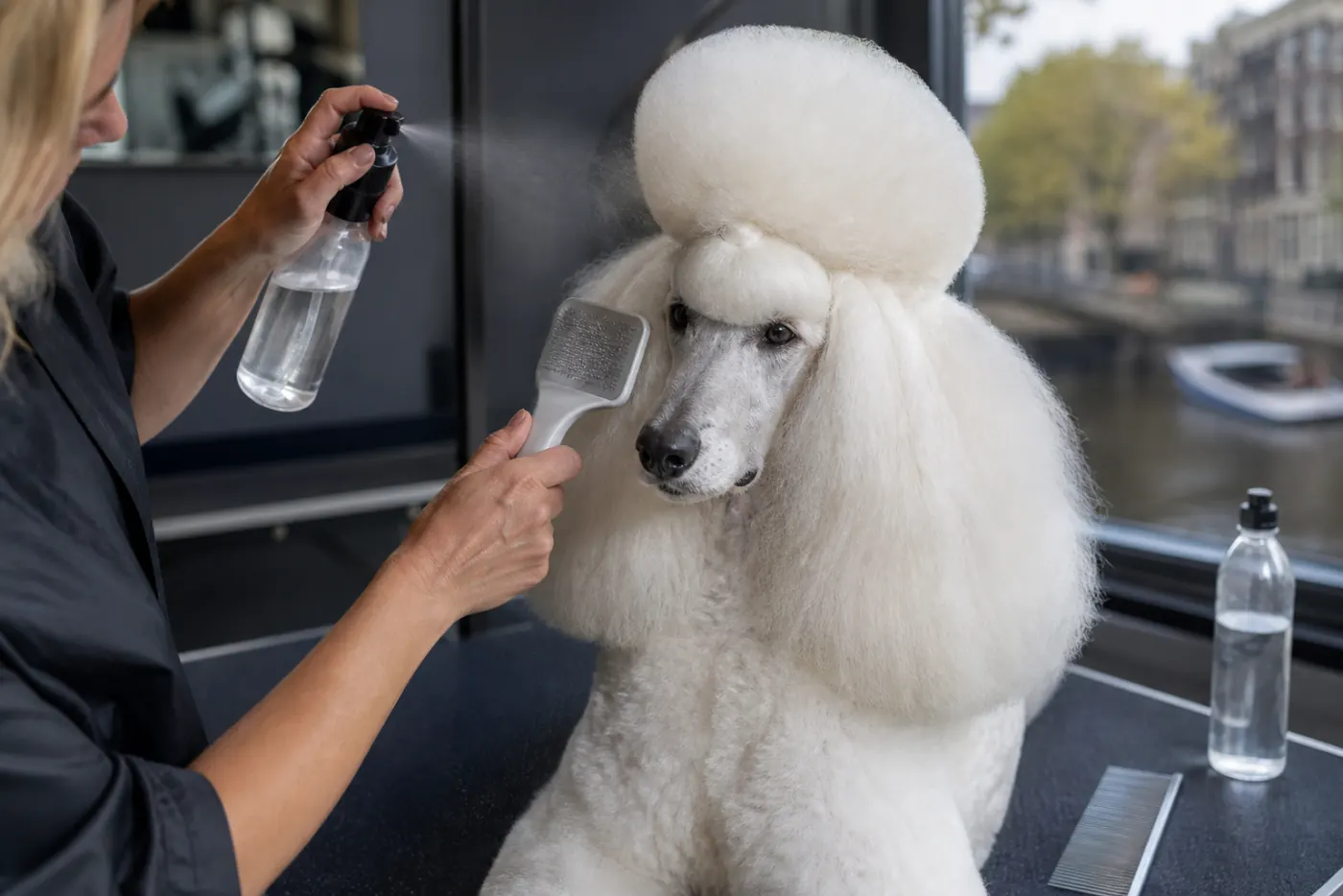 Close-up van championship grooming aan een witte poedelkop met slicker en finishing spray in Amsterdam