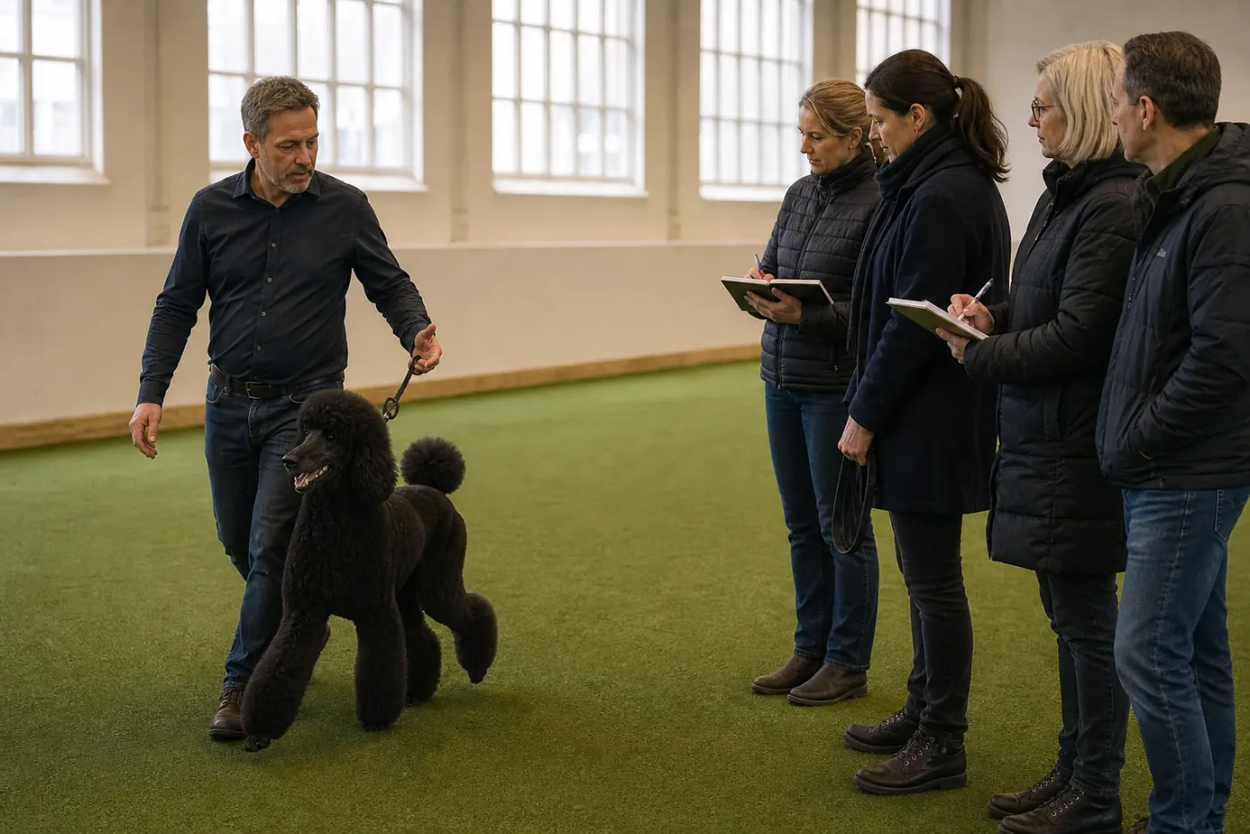 Instructeur demonstreert FCI-gaiting met een zwarte poedel aan vier volwassen handlers in Amsterdamse ring